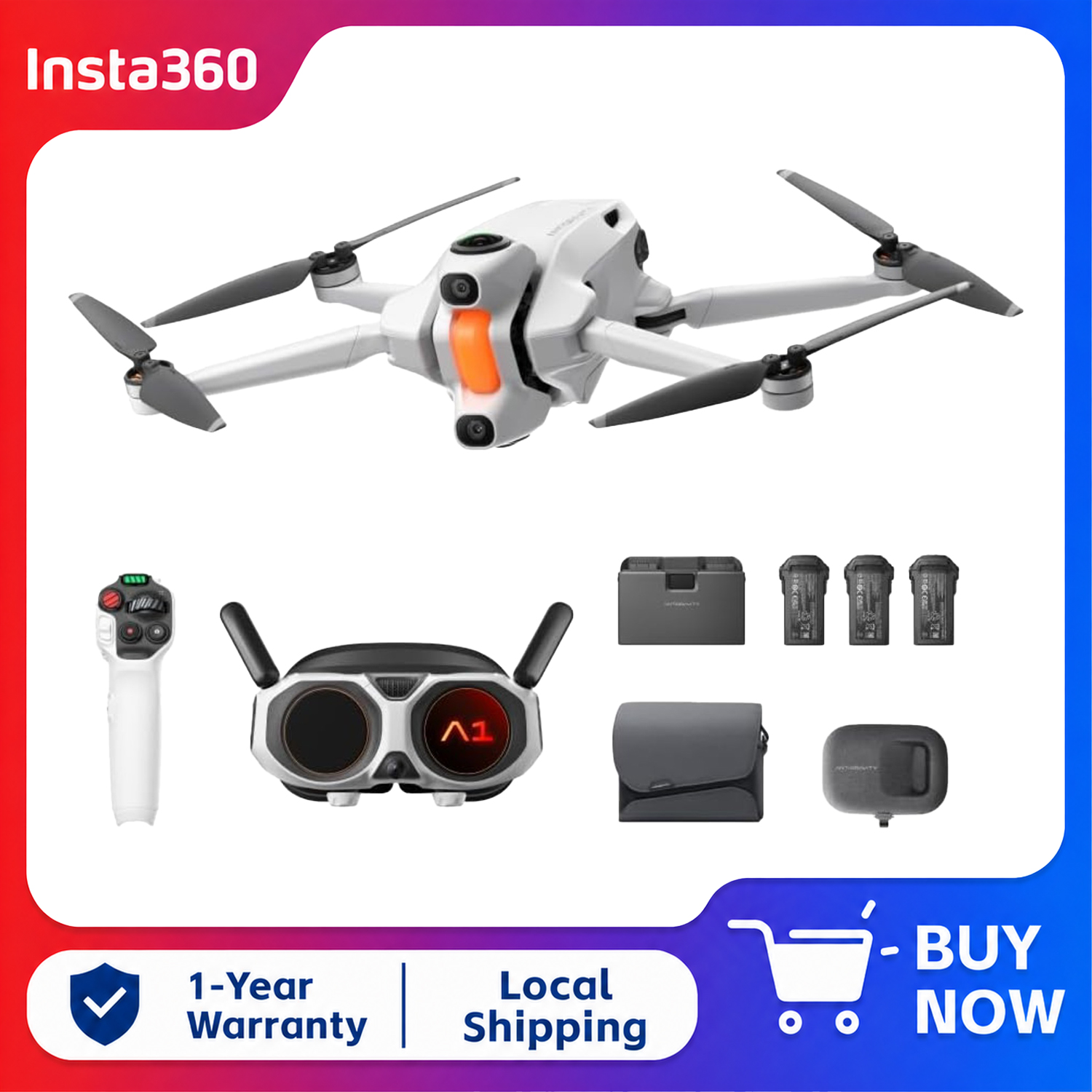 Drone Gimbal For Insta360 - Insta360 Antigravity A1 Explorer バンドル（バッテリー3個付き）8K 360度カメラ搭載ドローン、最大10kmの遠隔操作、自動帰還機能、折りたたみ式、重量249g